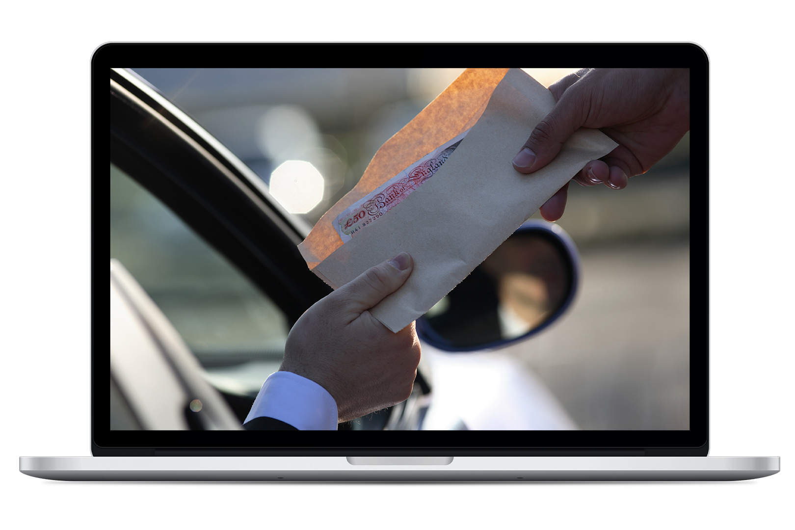 Image of Laptop Computer with Person Sticking Hand out of a car window to hand another person an envelope on the Screen