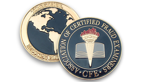 Small navy and gold coin bearing the ACFE's logo on front and gold geographical image of world continents on other side