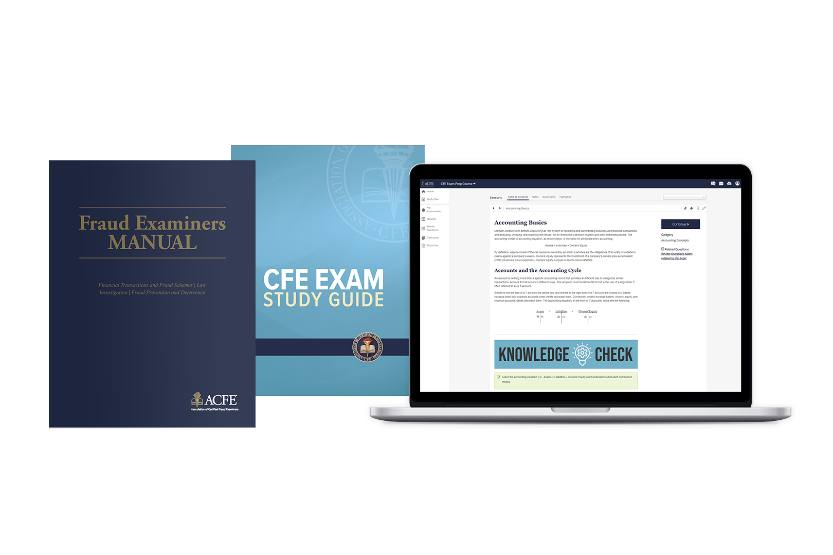 Image of laptop computer with Prep Course software on screen and a digital representations of the fraud examiners manual and cfe exam study guide