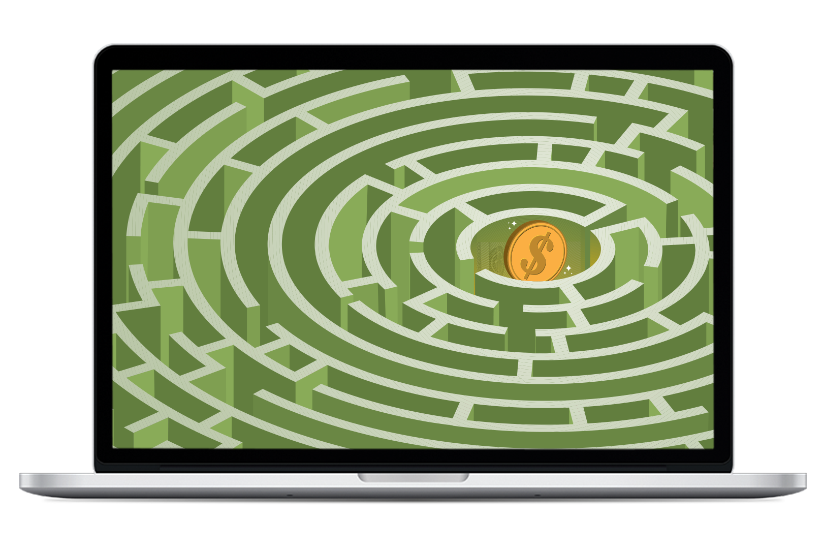 Laptop displaying an image of a maze with a coin in the center