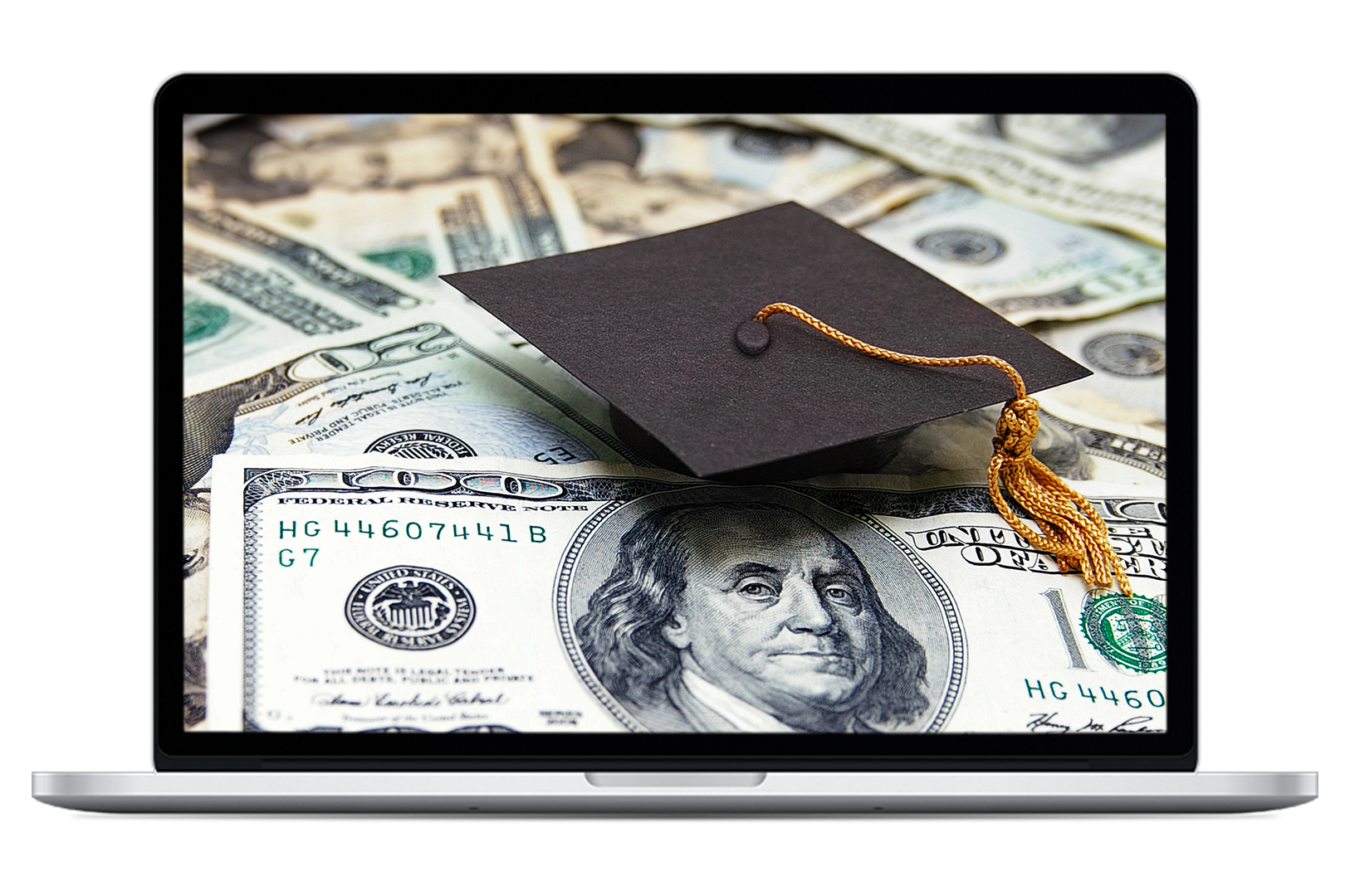 Laptop displaying an image of a graduation cap on top of paper U.S. currency