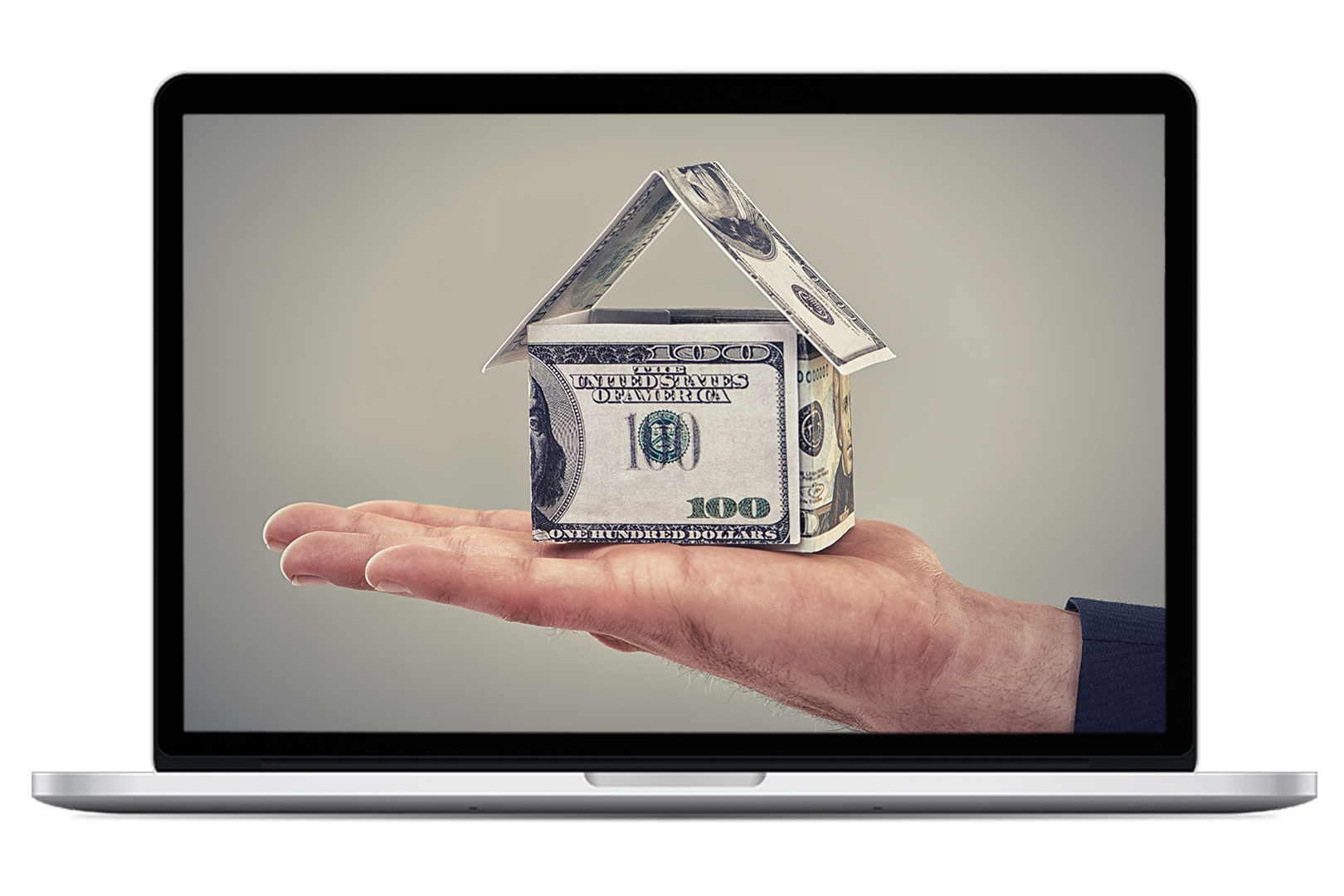 Laptop displaying an image of a dollar bill paper house in the palm of a hand