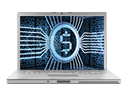 Laptop screen showing a dollar sign overlayed onto a futuristic bank vault.