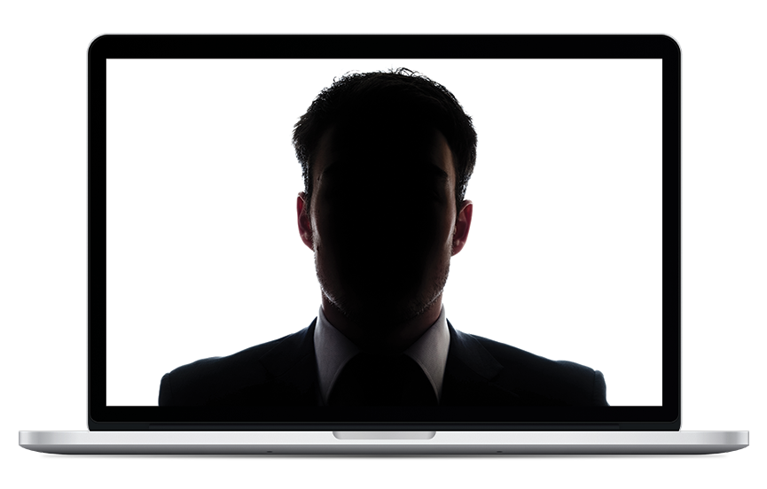 Laptop displaying an image of a man with his face covered in shadow