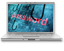 Laptop screen with lines of code as a background under dark fishhooks latching onto the word password in large red font.