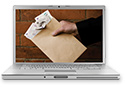 Laptop screen showing a person holding an envelope of money out.