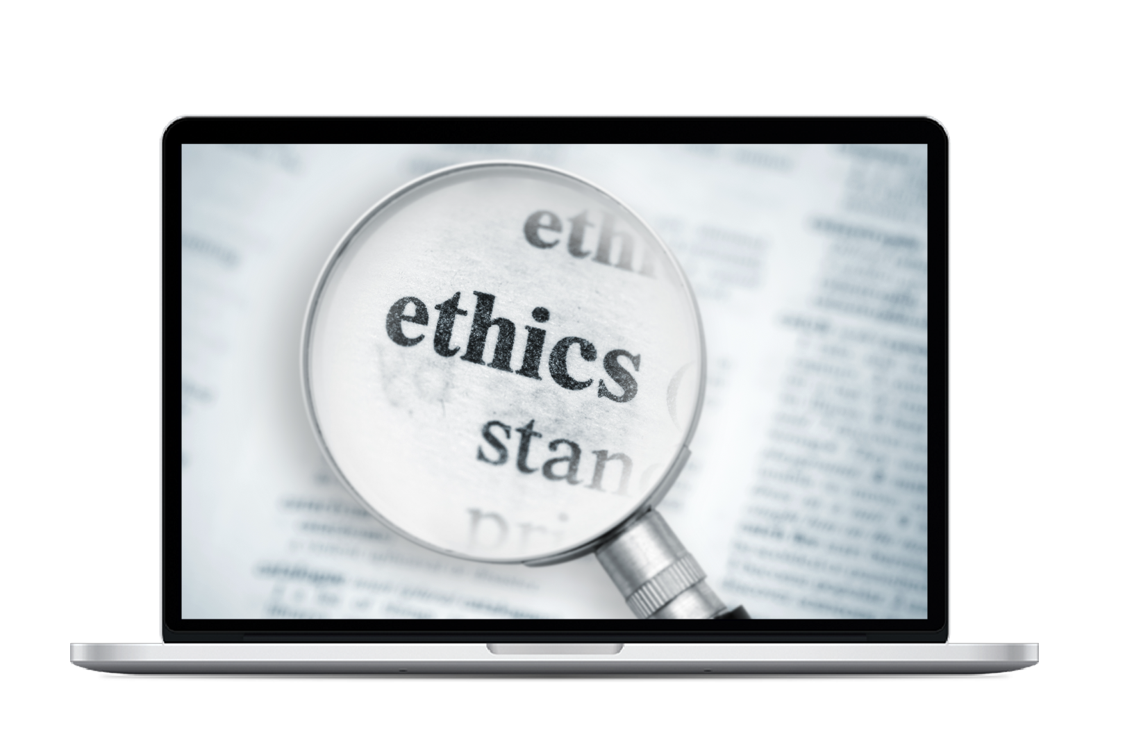 Laptop displaying a magnifying glass over the word ethics