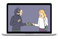 Image of laptop computer with man with mask handing woman money