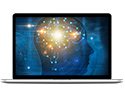 Laptop displaying an animated image of an illuminated brain