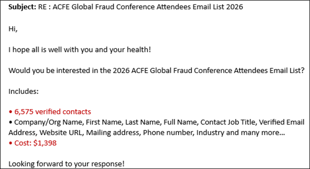 This email is an example of conference list scams targeting ACFE members.