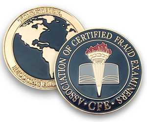 Small navy and gold coin bearing the ACFE's logo on front and gold geographical image of world continents on other side