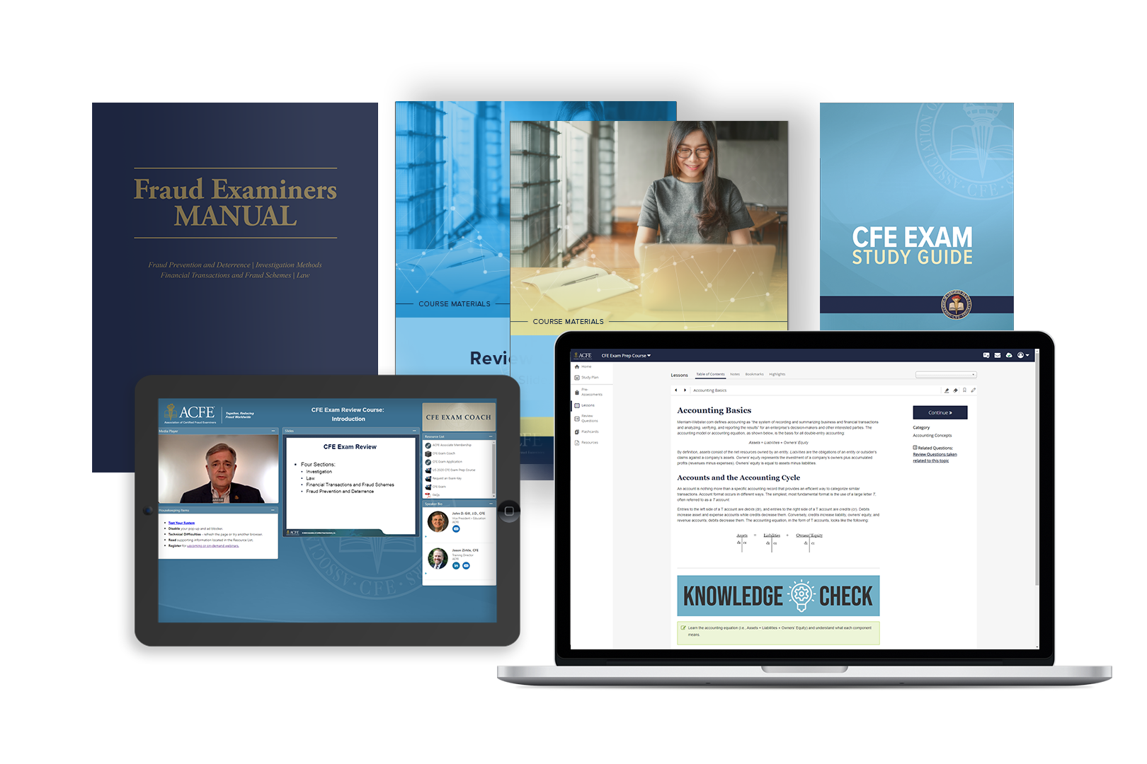 Image of laptop computer with Prep Course software on screen and digital representations of the fraud examiners manual, study guide, review course books and in iPad with the on-demand review course program on screen