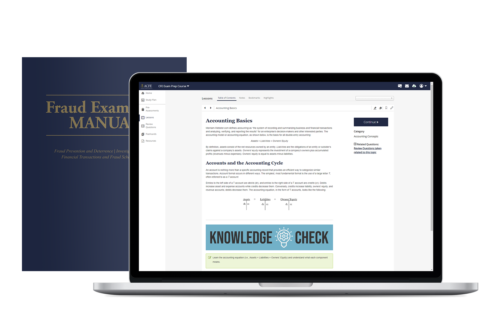 Image of laptop computer with Prep Course software on screen and a digital representation of the fraud examiners manual cover