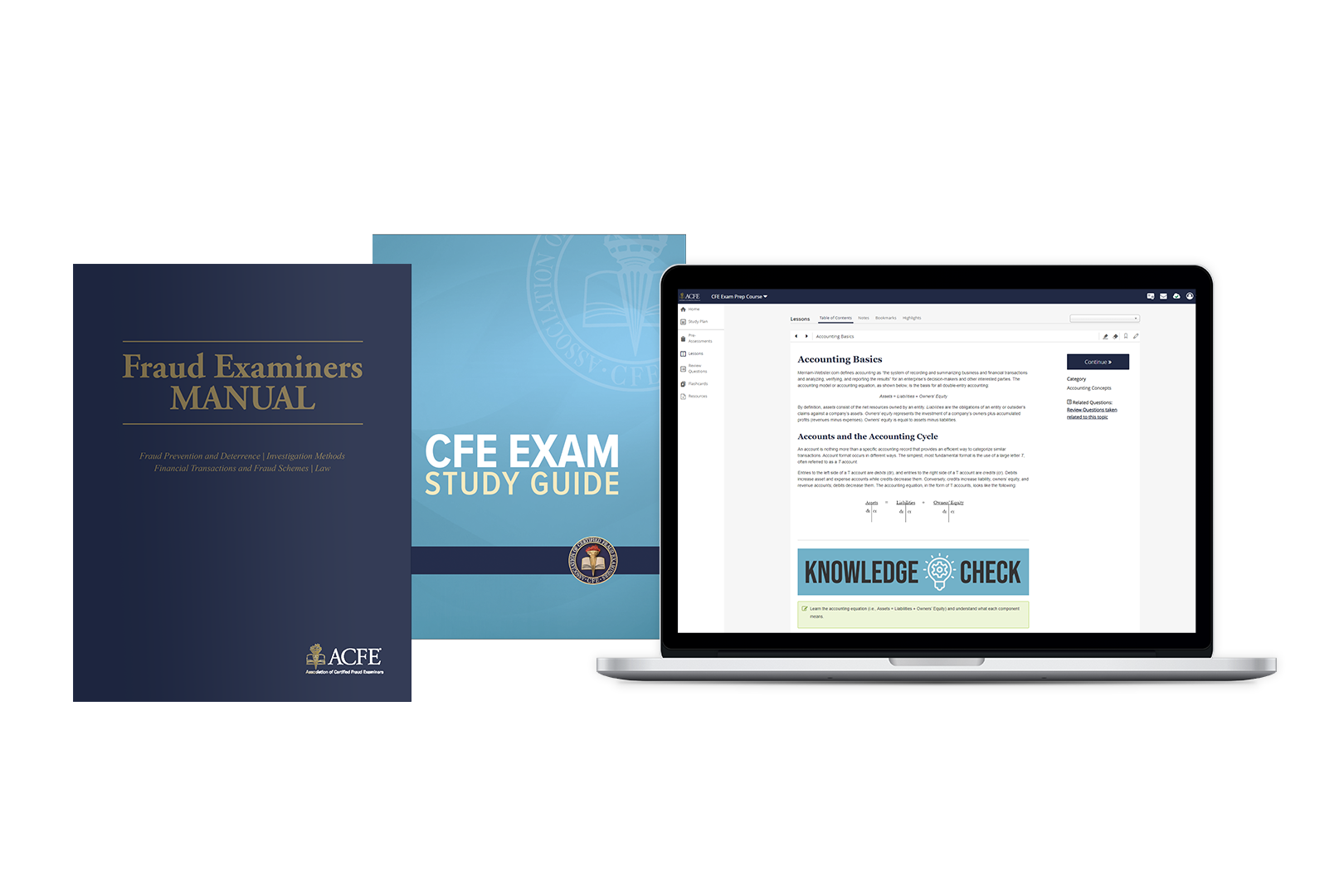 Image of laptop computer with Prep Course software on screen and digital representations of the fraud examiners manual and study guide