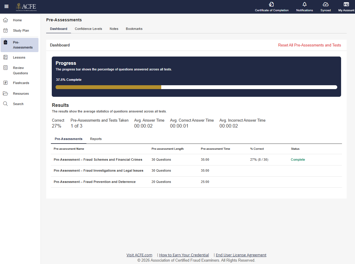 Screenshot of CFE Exam Prep Course Pre-Assessment Screen