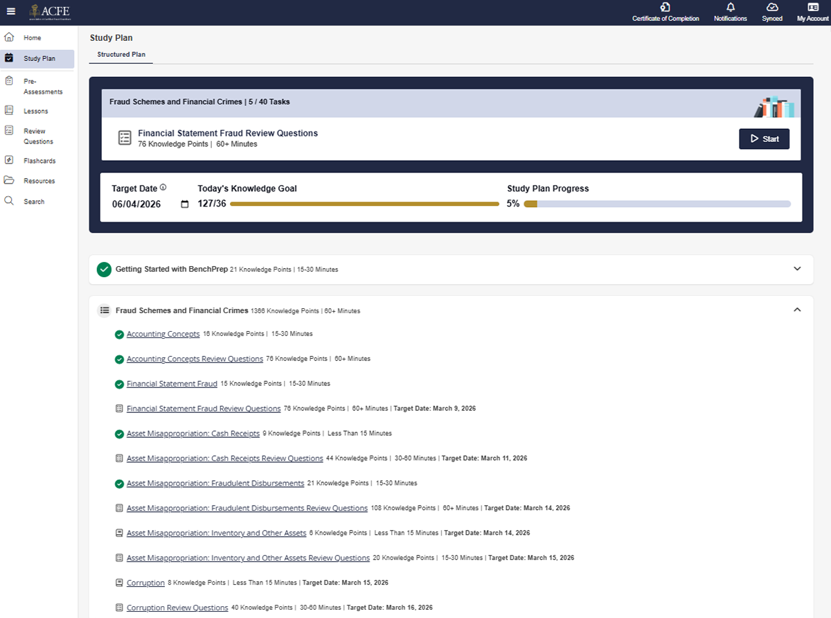 Screenshot of CFE Exam Prep Course Study Plan Screen
