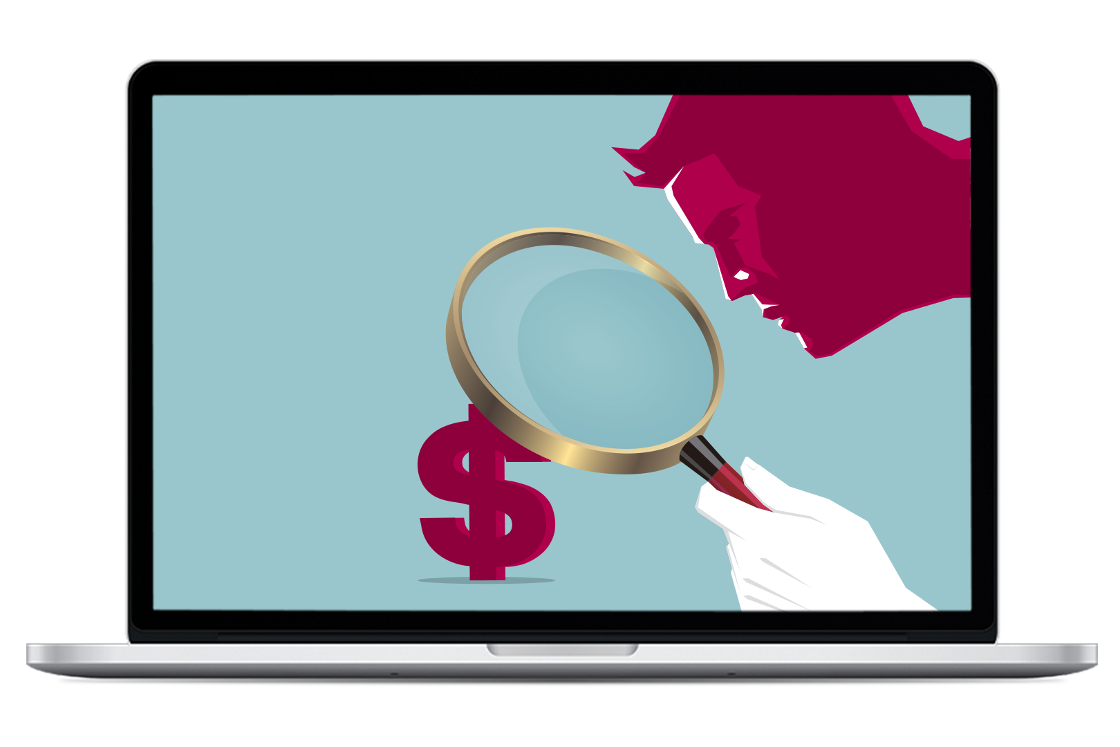 Image of laptop computer with illustration of a man holding a magnifying glass over the dollar symbol