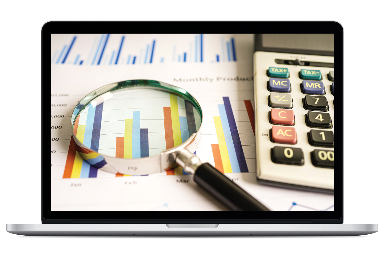 Image of Laptop Computer with Magnifying Glass over a chart with a calculator next to it